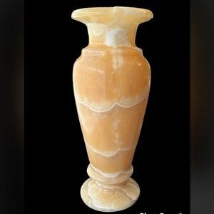 Egyptian carved alabaster yellow vase 9.5”. Also known as onyx or travertine.
